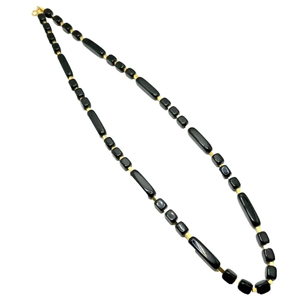 Vintage Trifari Black Lucite Necklace Long Bead Gold Tone Accent Statement 30